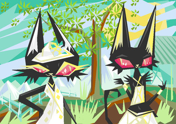 anthro black_body black_fur clothed clothed_female clothing cloud duo female fur geometric grass mountain plant sky smile sun tree naircat domestic_cat felid feline felis mammal 2017 digital_media_(artwork) microsoft_paint_(artwork)