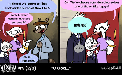 accessory anthro brown_body brown_fur clothed clothed_anthro clothed_female clothed_male clothing color_coded color_coded_speech_bubble dialogue dress female forced_smile fully_clothed fully_clothed_anthro fully_clothed_female fully_clothed_male fur group husband_and_wife lying male married_couple necktie nervous nervous_smile obscured_face outside pattern_necktie priest priest_robes purple_clothing purple_dress religion religious_clothing speech_bubble striped_necktie suit text white_body white_fur happyroadkill adult_swim cartoon_network christianity moral_orel deborah_dove rod_putty avian bird columbid dove mammal procyonid raccoon 2026 comic english_text hi_res multiple_scenes father_(lore) mother_(lore) parent_(lore) son_(lore)