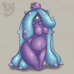 1:1 alternate_species anthro anthrofied belly big_breasts biped blue_eyes blue_hair breasts curvy_figure cute_fangs digital_media_(artwork) echinoderm featureless_legs featureless_limbs feet female generation_7_pokemon genitals grey_background hair hi_res humanoid humanoidized looking_at_viewer mareanie marine nintendo nipples non-mammal_breasts non-mammal_nipples nude overweight overweight_female overweight_humanoid pokemon pokemon_(species) pokemorph posexe purple_body purple_skin pussy short_stack simple_background slightly_chubby smile solo spikes standing thick_thighs voluptuous watermark wide_hips yellow_sclera