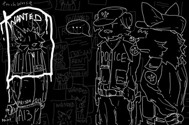 against_surface against_wall anthro back_tuft badge belt black_background bodily_fluids buckle clothed clothing criminal cuff_(restraint) disguise dripping eye_contact fur group humor jacket looking_at_another male paint pockets police poster prisoner public restraints selfie simple_background speech_bubble speechless spray_paint surrounded sweat topwear tuft wanted_poster whiskers wrist_cuffs zipper touchworse bird_dog canid canine canis domestic_cat domestic_dog felid feline felis hunting_dog labrador mammal retriever wolf hi_res sketch