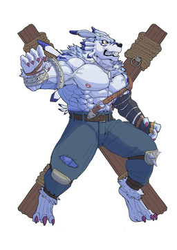 abs anthro biceps bottomwear clothed clothing fur male muscular muscular_anthro muscular_male nipples obliques pants pecs serratus simple_background solo vein veiny_muscles white_background yellow_eyes yahuiasiahao520 bandai_namco digimon canid canine digimon_(species) mammal weregarurumon absurd_res hi_res