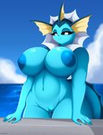 anthro anthrofied areola big_breasts biped blue_areola blue_nipples blurred_background bodily_fluids breasts eyelashes female female_anthro fingers genital_fluids genitals navel nipples nude outside pokemorph pupils pussy smile solo tail thick_thighs three-quarter_view vaginal_fluids water foxsuo nintendo pokemon eeveelution generation_1_pokemon pokemon_(species) vaporeon absurd_res digital_media_(artwork) hi_res