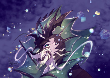 anthro barbel_(anatomy) black_body black_scales blue_eyes facial_hair fangs frill_(anatomy) gills goatee green_frill horn male open_mouth scales sideburns solo sparkles stylized_background teeth teeth_showing renjoy mythology torrin_(huf13) aquatic aquatic_dragon cetacean dolphin dragon hybrid mammal mythological_creature mythological_scalie oceanic_dolphin orca scalie toothed_whale hi_res watermark
