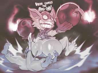 anthro armor big_butt bodily_fluids bomb bottomwear bulge bulge_through_clothing butt butt_slam clothing cracked_ground cum cum_through_pants cumshot dialogue duo ejaculation erection erection_under_clothing explosives eyewear facesitting feet flying_sweatdrops fur genital_fluids gloves goggles grin grinning_at_viewer handwear headgear helmet impact impact_effect lit_fuse looking_at_viewer male male/male open_mouth open_smile orgasm pants rear_view sitting_on_another smile smiling_at_viewer smothering sweat sweatdrop sweatpants sweaty_butt teeth text submarine_screw league_of_legends riot_games tencent arturo_(oc) ziggs_(lol) yordle digital_drawing_(artwork) digital_media_(artwork) english_text hi_res shaded