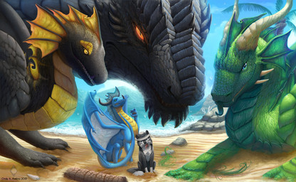 beach clothing feral group hat headgear headwear looking_at_viewer male sand scales sea seaside size_difference tail tongue tongue_out water amarian european_mythology mythology tarkus canid canine dragon mammal mythological_creature mythological_scalie scalie western_dragon 2015