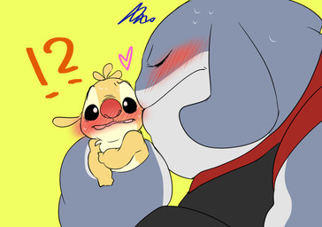 antennae_(anatomy) awkward black_eyes blush blush_lines bodily_fluids buckteeth chest_tuft clothed clothing confusion duo eyes_closed fur grey_body grey_skin heart_symbol holding_character interrobang kissing kissing_cheek looking_at_viewer male red_nose simple_background size_difference surprise_kiss sweat teeth tuft yellow_background yellow_body yellow_fur nolly_(artist) disney lilo_and_stitch gantu reuben_(lilo_and_stitch) alien experiment_(lilo_and_stitch) 2017 digital_drawing_(artwork) digital_media_(artwork) hi_res