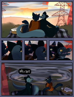 alternative_fashion anthro basket bedding black_clothing blanket clothing container dialogue duo female female/female field interspecies_couple natural_disaster open_mouth orange_clothing picnic picnic_basket picnic_blanket profanity romantic romantic_couple scared severe_weather speech_bubble storm supercell_(storm) text weather wind hirothedragon night_in_the_woods bea_santello mae_borowski alligator alligatorid crocodilian domestic_cat felid feline felis mammal reptile scalie absurd_res comic english_text hi_res