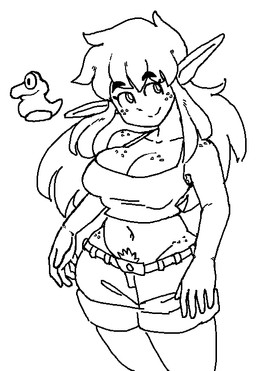 5_fingers armpit_hair bangs big_breasts black_eyebrows body_hair bottomwear breasts cartoon_freckles cleavage clothed clothed_female clothed_humanoid clothing collarbone crop_top crotch_lines eyebrows eyelashes female female_humanoid fingers freckled_breasts freckled_face freckled_hips freckled_shoulders freckles hair humanoid_pointy_ears long_eyelashes long_hair looking_aside navel pointy_ears pube_peek pubes pupils shirt shorts simple_background smile thick_eyebrows topwear white_background genocityzone mario_bros nintendo autumn_(genocityzone) baby_yoshi elf humanoid yoshi black_and_white monochrome
