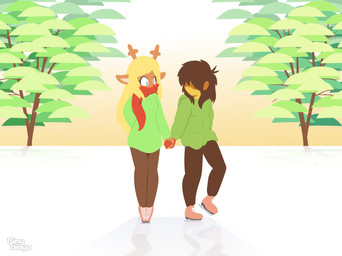 anthro antlers blonde_hair blush brown_hair clothing duo eyelashes female footwear fur gloves hair hair_over_eyes hand_behind_back handwear horn ice ice_skates long_hair pattern_clothing plant red_nose scarf sweater topwear tree bingbingo deltarune undertale_(series) kris_dreemurr noelle_holiday deer human mammal new_world_deer reindeer absurd_res hi_res watermark