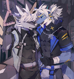 2_horns 3_horns abs anthro barazoku black_sclera blue_body blue_eyes blue_fur bodily_fluids bulge clothing cum cum_in_clothing cum_through_clothing curved_horn duo eyes_closed facial_horn fur genital_fluids grey_body grey_fur hair horn male multi_horn muscular muscular_anthro muscular_male nose_horn pink_eyes tail train vehicle wet wet_clothing white_body white_fur white_hair viosgit mythology ausen dragon furred_dragon furred_scalie mythological_creature mythological_scalie scalie 2022 cover digital_media_(artwork) digital_painting_(artwork) hi_res magazine_cover painting_(artwork)