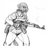 1:1 ak-47 anthro armor asinus assault_rifle biped black_and_white breasts cleavage clothed clothing donk_sis_(hladilnik) donkey equid equine female gun hi_res hladilnik long_ears mammal mask monochrome ranged_weapon rifle solo weapon