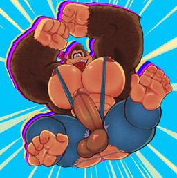 abs accessory anthro balls big_arms big_muscles big_pecs big_penis blue_background bottomwear brown_body brown_fur butt clothing denim denim_clothing erection falling feet fur genitals glans glistening glistening_body glistening_skin light looking_at_viewer looking_down looking_down_at_viewer male male_anthro muscular muscular_male necktie nipples overalls pecs penis prehensile_feet raised_arms simple_background solo teeth toes tongue tongue_out torn_bottomwear torn_clothing ryanburr donkey_kong_(series) donkey_kong_bananza nintendo donkey_kong_(character) ape gorilla haplorhine kong mammal primate colored digital_drawing_(artwork) digital_media_(artwork) hi_res lighting shaded