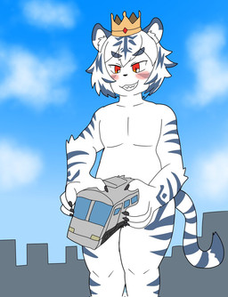 4_fingers anthro black_claws black_nose blue_stripes blush claws cloud crown fangs fingers fur hair headgear holding_object inner_ear_fluff macro male markings multicolored_body multicolored_fur object_penetration red_eyes sex simple_background solo striped_markings striped_tail stripes tail tail_markings teeth train tuft two_tone_body two_tone_fur vehicle white_body white_fur unknown_artist azura_safir felid mammal pantherine tiger 2025 hi_res