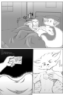 anthro bed bed_sheet bedding black_background duo eyes_closed female fluffy fluffy_tail fur furniture hair hand_on_chest holding_object inside long_ears long_tail looking_up lying male male/female nude on_back onomatopoeia short_hair simple_background size_difference sleeping smile sound_effects tail text ticket waking_up white_background ruddyrzaq hi-rez_studios paladins_(game) moji_(paladins) pip_(paladins) canid canine fox lagomorph leporid mammal rabbit 2022 absurd_res comic english_text hi_res monochrome