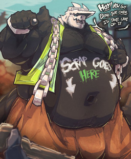 anthro belly big_belly blue_eyes body_writing bulge chain dialogue male musclegut muscular muscular_male navel overweight overweight_male solo suspenders text booneyard nintendo pokemon aggron generation_3_pokemon pokemon_(species) english_text hi_res