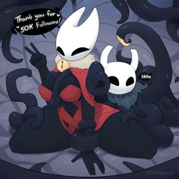 2_horns 5_fingers ambiguous_gender anthro biped black_body black_breasts black_eyes black_speech_bubble breasts cleavage clothed clothing duo empty_eyes exclamation_point female fingers gesture hand_gesture heart_symbol horn on_ground red_clothing tendrils text thick_thighs v_sign white_head white_text phosenpai hollow_knight_(franchise) team_cherry hornet_(hollow_knight) the_knight_(hollow_knight) arthropod vessel_(species) 1:1 2026 artist_name english_text hi_res half_sister_(lore) sibling_(lore) sister_(lore)