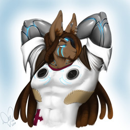 anthro blue_eyes brown_body brown_fur brown_hair clothed clothing cybernetics dreadlocks ear_piercing front_view fur glowing glowing_eyes gradient_background hair half-closed_eyes machine muscular muscular_anthro narrowed_eyes navel piercing simple_background solo kittydee marlboro_(lightlender) cyborg hybrid lagomorph leporid mammal rabbit 1:1 2016 digital_media_(artwork) half-length_portrait hi_res portrait