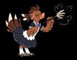 4_toes anisodactyl anthro apron blush bow_tie brown_body brown_feathers cleaning_tool clothed clothing crossdressing dress eyes_closed feather_duster feathered_wings feathers feet femboy hair legwear maid_uniform male ponytail semi-anthro simple_background smile solo stockings tail tail_feathers toes transparent_background uniform winged_arms wings piemations pretzel_(piemations) avian alpha_channel hi_res