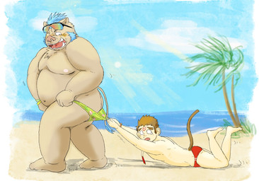 anthro belly blush butt clothing detailed_background duo eyewear humanoid_hands male moobs nipples outside overweight overweight_male sunglasses swimwear water edible2582 lifewonders tokyo_afterschool_summoners ganglie_(tas) hanuman_(tas) haplorhine mammal monkey primate suid suine sus_(pig) wild_boar hi_res