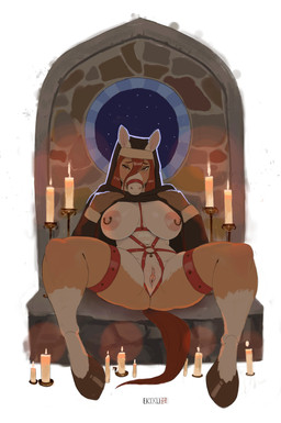anthro areola bedroom_eyes big_breasts breasts bridle brown_hair candle candlelight clothed clothing clothing_lift female female_anthro fire fur genitals hair harness hooves inside light looking_at_viewer narrowed_eyes night nipple_piercing nipples nun_habit nun_outfit piercing religious_clothing seductive sky solo spread_legs spreading star tail tan_body tan_fur vulva window ekixu equid equine horse mammal 2024 absurd_res digital_media_(artwork) full-length_portrait hi_res portrait