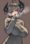 ahoge big_breasts black_nails blush breasts breath clothing colored_nails female glowing glowing_eyes grey_hair hair horn huge_breasts makeup markings mole_(marking) nails not_furry panting solo sweater tongue topwear yellow_eyes eu03 demon demon_humanoid horned_humanoid humanoid mammal