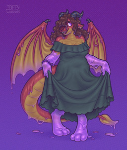 anthro breasts clothing digitigrade dress female green_clothing green_dress horn looking_aside membrane_(anatomy) membranous_wings purple_background purple_eyes red_body red_scales scales simple_background solo standing tail wings taffywabbit mythology marylin_(hearthablaze) dragon goo_creature mythological_creature mythological_scalie scalie digital_media_(artwork) hi_res