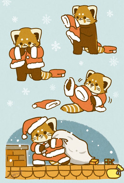 anthro biped black_eyes black_nose brown_body chibi christmas_clothing christmas_headwear clothing costume dot_eyes feral hat headgear headwear holidays kemono outside santa_costume santa_hat simple_eyes snow snowing solo shi_nominmin christmas ailurid mammal red_panda 2023 hi_res