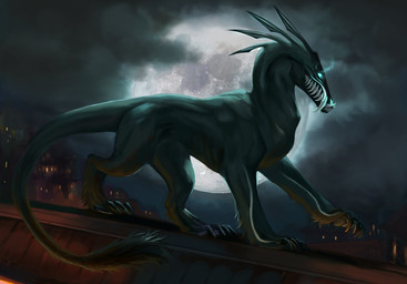 4_toes ambiguous_gender black_body blue_eyes claws clenched_teeth cloud dark detailed_background feet feral glowing glowing_eyes moon night outside sky solo tail teeth toes muns11 mythology dragon mythological_creature mythological_scalie scalie hi_res