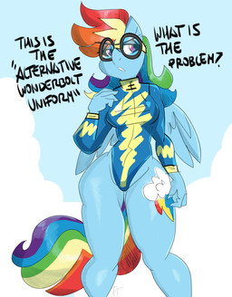 anthro anthrofied blue_body breasts clothed clothing cutie_mark day eyewear female fingers goggles hair long_hair multicolored_hair multicolored_tail outside purple_eyes rainbow_hair rainbow_tail solo standing tail text thick_thighs wide_hips wings flutterthrash friendship_is_magic hasbro my_little_pony mythology rainbow_dash_(mlp) equid equine mammal mythological_creature mythological_equine pegasus absurd_res english_text hi_res portrait three-quarter_portrait