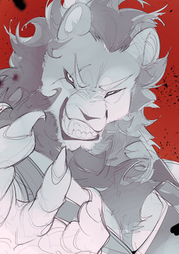 anthro claws clothed clothed_anthro clothed_male clothing dark_mane eye_scar facial_scar fangs finger_claws fur furrowed_brow gums light_body light_fur looking_at_viewer male mane red_background scar simple_background smile smiling_at_viewer snarling solo teeth toothy_grin topwear chiayeeee felid lion mammal pantherine 2024 absurd_res bust_portrait digital_drawing_(artwork) digital_media_(artwork) hi_res portrait