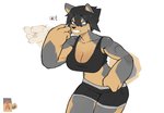 angry anthro athletic_wear big_forearms big_hands bottomwear bra breasts cleavage clock clothed clothing female forearms growling shorts solo sports_bra teeth underwear watch goonie-san gum_dung_(titania) canid canine canis domestic_dog korean_jindo mammal spitz hi_res