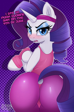 big_butt blue_eyes blush butt clothed clothing dialogue eyelashes female feral horn looking_at_viewer looking_back pupils purple_clothing quadruped rear_view solo tail text white_body lennonblack friendship_is_magic hasbro my_little_pony mythology rarity_(mlp) equid equine mammal mythological_creature mythological_equine unicorn 2:3 hi_res