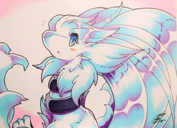 ambiguous_gender anthro blue_eyes blush blush_lines eyelashes fur open_mouth simple_background solo white_body white_fur 025aki nintendo pokemon generation_5_pokemon legendary_pokemon pokemon_(species) reshiram 2025 absurd_res dated hi_res signature