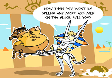 anthro belly big_belly big_breasts breasts brown_body brown_fur desert duo egyptian female fur huge_belly inflation nipples simple_background speech_bubble text white_body white_fur agouti-rex canid canine canis domestic_cat felid feline felis jackal mammal 2013 english_text
