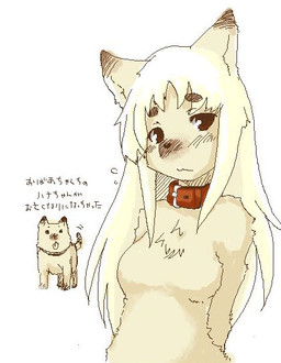 anthro blonde_hair chest_tuft collar female fur hair simple_background solo text tuft white_background white_body white_fur white_hair unknown_artist canid canine canis domestic_dog mammal japanese_text source_request translated