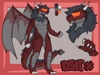 anthro big_tail claws countershading dentrex front_view fur hair horn male red_body side_view solo standing tail visor wings spysytus mythology dragon mythological_creature mythological_scalie scalie 4:3 bust_portrait hi_res model_sheet portrait