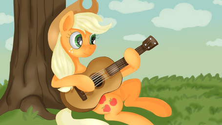 acoustic_guitar female freckled_face freckles guitar musical_instrument outside plant plucked_string_instrument solo string_instrument tree jbond friendship_is_magic hasbro my_little_pony applejack_(mlp) earth_pony equid equine horse mammal pony 16:9 hi_res widescreen