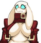 alien anthro b09_(sssonic2) beak belt_buckle big_butt blue_eyes breasts buckle butt clothed clothing eyelashes female fur hi_res lagomorph leporid long_ears mammal rabbit sad simple_background skimpy skimpy_topwear solo sssonic2 white_background white_body white_fur