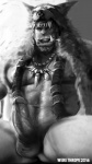 abs animal_hood animal_skin armor balls bodily_fluids body_hair bottomless clothed clothing erection genital_fluids genitals hairy humanoid_genitalia humanoid_penis jewelry looking_at_viewer male navel necklace nipples not_furry partially_clothed penis precum sitting solo warrior wolf_skin werethrope blizzard_entertainment warcraft durotan_(warcraft) humanoid mammal orc 2016 monochrome signature