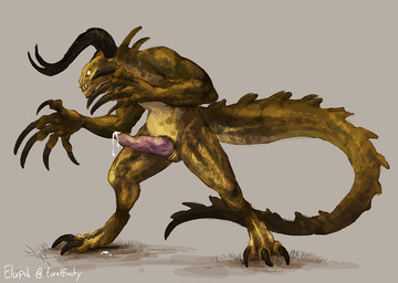 animal_genitalia animal_penis bodily_fluids claws cum erection feral genital_fluids genital_slit genitals horn male penis semi-anthro simple_background solo standing tail teeth elapid_(artist) fallout microsoft deathclaw scalie 2016