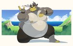 anthro belly big_belly bodily_fluids bottomwear clothing cloud detailed_background humanoid_hands male moobs mountain nipples obese obese_anthro obese_male outside overweight overweight_anthro overweight_male pants solo sweat riisago nintendo pokemon generation_8_pokemon legendary_pokemon pokemon_(species) urshifu 2023 hi_res