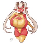 big_breasts biped breasts cleavage cleavage_cutout clothed clothing cutout eyelashes female fingers front_view green_eyes hair horn huge_breasts hyper hyper_breasts legwear looking_at_viewer not_furry pupils red_body simple_background smile solo thick_thighs thigh_highs white_background fiffer horned_humanoid humanoid hi_res