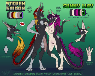 anthro balls breasts duo equis_universe female fluffy fur genitals horn male nipples nude open_mouth pawpads paws penis tongue tongue_out sunny_way steven_saidon sunny_way_(character) ki'rinaes hi_res model_sheet