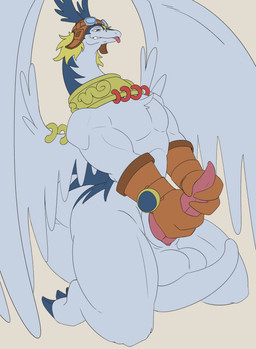 anthro balls balls_resting_on_tail clothed clothing genitals gloves gripping_penis hair handwear kneeling male muscular partially_clothed presenting slit_penis solo tongue tongue_out wings unassumingbee legendz mythology shiron dragon mythological_creature mythological_scalie scalie wind_dragon hi_res