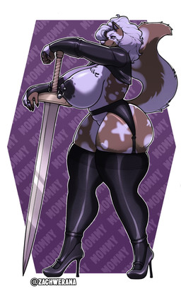anthro areola big_breasts biped breasts clothed clothing female footwear garter_belt garter_straps hair high_heels huge_breasts huge_hips huge_thighs legwear looking_at_viewer melee_weapon nipple_piercing nipples piercing pupils shoes side_view simple_background small_waist smile solo sword tail thick_thighs thigh_highs weapon wide_hips zacharysmith canid canine mammal hi_res