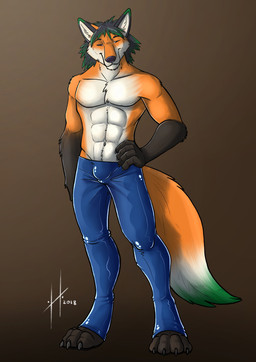 abs anthro barefoot black_hair black_nose blue_bottomwear blue_clothing blue_pants bottomwear brown_background bulge clothed clothing dipstick_tail feet front_view fur gloves_(marking) green_hair green_tail hair looking_at_viewer male male_anthro markings mouth_closed multicolored_hair muscular muscular_anthro muscular_male narrowed_eyes orange_body orange_fur orange_tail pants pecs purple_eyes simple_background solo standing tail tail_markings topless two_tone_hair white_body white_fur white_tail hufnaar canid canine fox mammal 2018 absurd_res dated full-length_portrait hi_res portrait