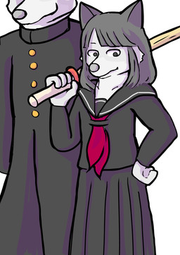 anthro bamboo_sword bangs blunt_bangs clothed clothing duo female fur grey_body male male/female school_uniform simple_background size_difference uniform stic1 canid canine canis mammal wolf hi_res