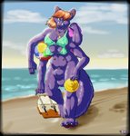 4_arms 4_toes 5_fingers 6_breasts animal_genitalia anthro balls beach big_balls big_breasts bikini bikini_top bottomless bottomless_gynomorph bottomless_intersex breasts claws clothed clothing cloud day feet female female_anthro finger_claws fingers frisbee fully_sheathed fur furgonomic_topwear furgonomics genitals gynomorph hair holding_object intersex jewelry looking_at_viewer monotone_hair multi_arm multi_breast multi_breast_bikini multi_limb multi_nipple necklace nipples orange_hair outside penis plantigrade polydactyly purple_body purple_fur sand sea seaside sheath sky solo standing swimwear toes topwear topwear_only two-piece_swimsuit water yellow_eyes nikkyvix tazel canid canine mammal hi_res