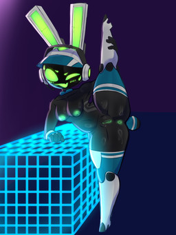 anthro bodily_fluids female machine one_eye_closed raised_leg shortstack solo sweat sweatdrop wink etor3cart project_turboblast tempo_(project_turboblast) lagomorph mammal robot hi_res