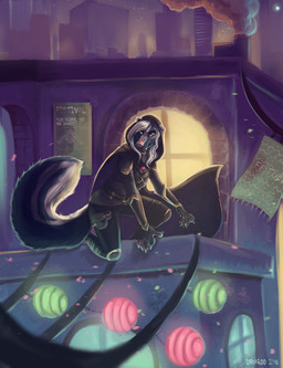 anthro art_nouveau assassin black_sclera building city clothed clothing detailed_background fangs female fur hair outside pose red_eyes sky smile solo teeth text heartspark eve_hawthorne mammal mephitid skunk striped_skunk vampire 2016 absurd_res digital_media_(artwork) digital_painting_(artwork) english_text hi_res painting_(artwork)